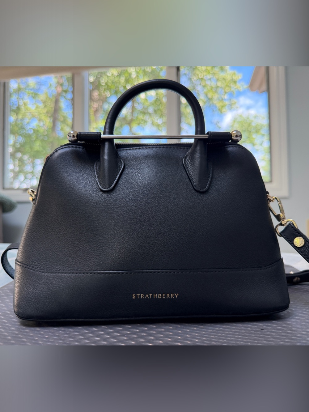 Strathberry Black Leather Mini Top-Handle Satchel with Gold Hardware